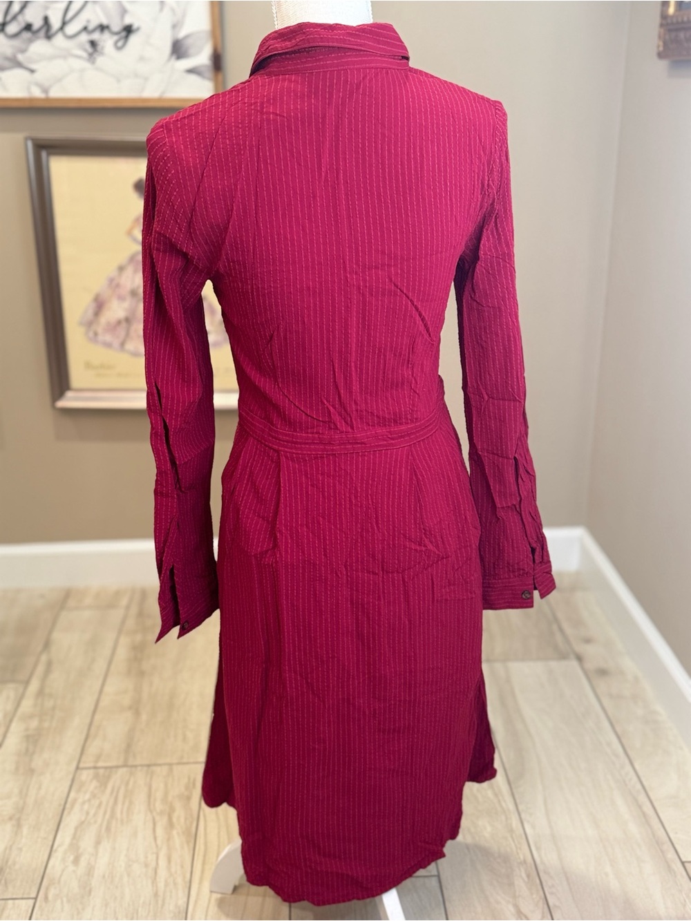 Modcloth Button-Front Striped Stitched Burgundy Red Shirt Dress - Picture 4 of 6